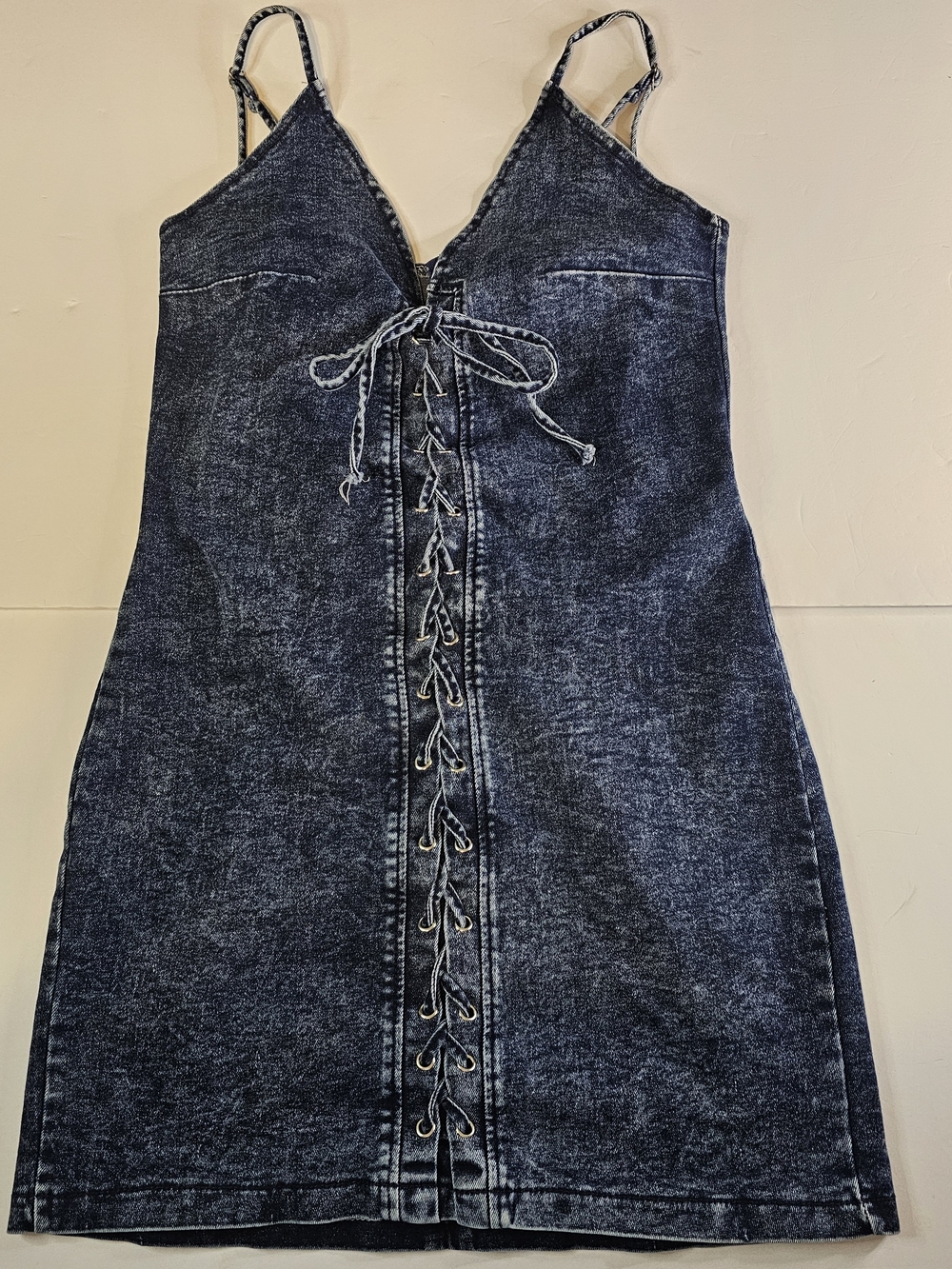 Windsor Dark Wash Denim Lace-Up Asymmetrical Dress Cotton Blend Stretchy Size S
